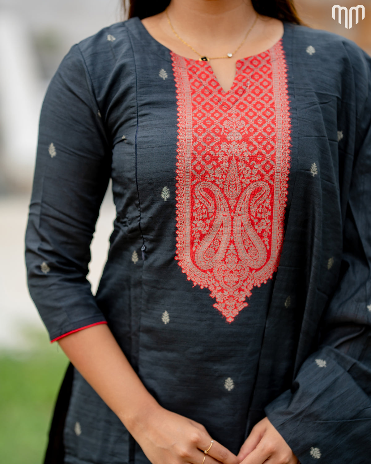 Banarasi Brocade Black Maternity Kurti Set with top cotton lining