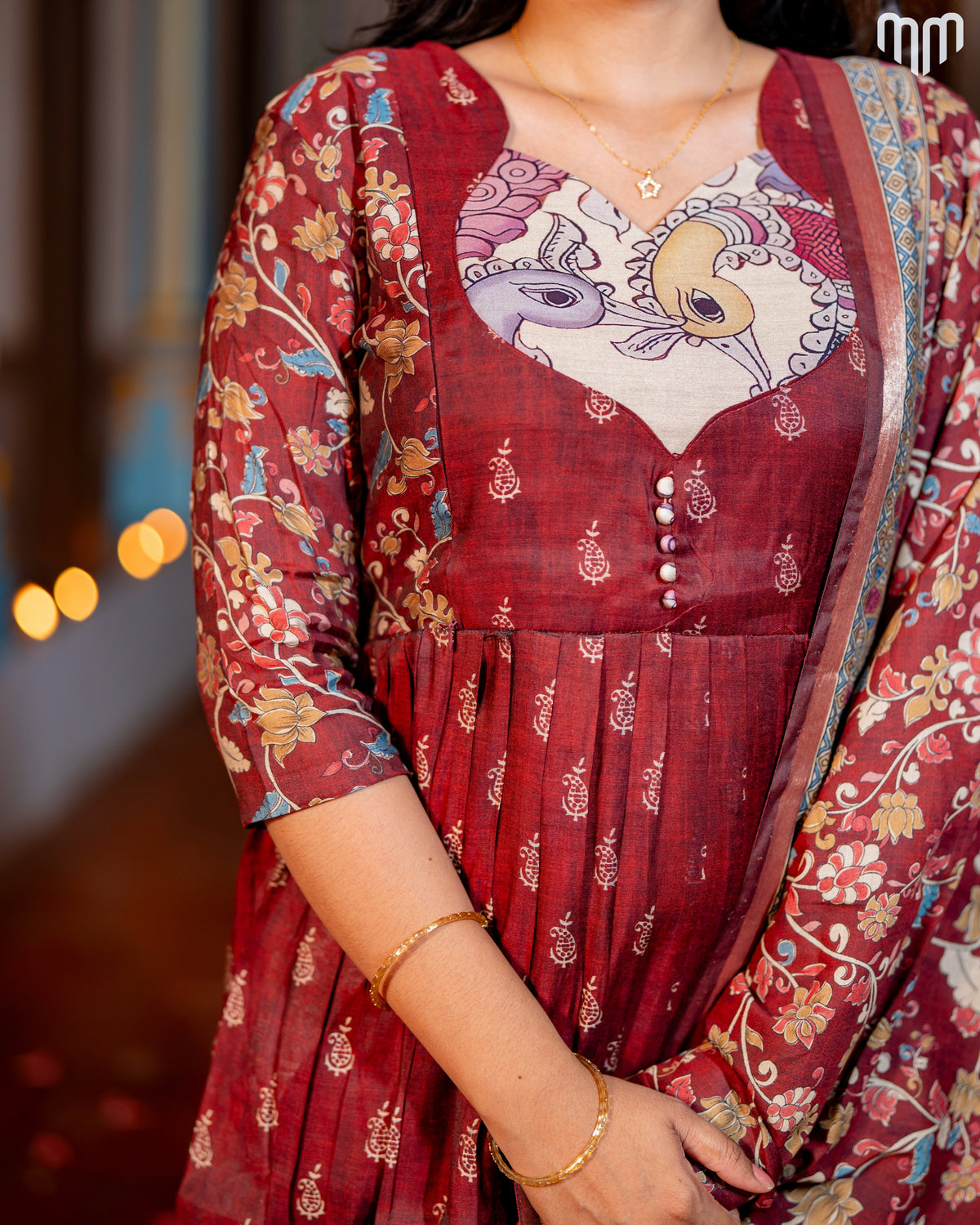 Maheswari Silk Marron Maternity Maxi with Full Cotton Lining & Dupatta