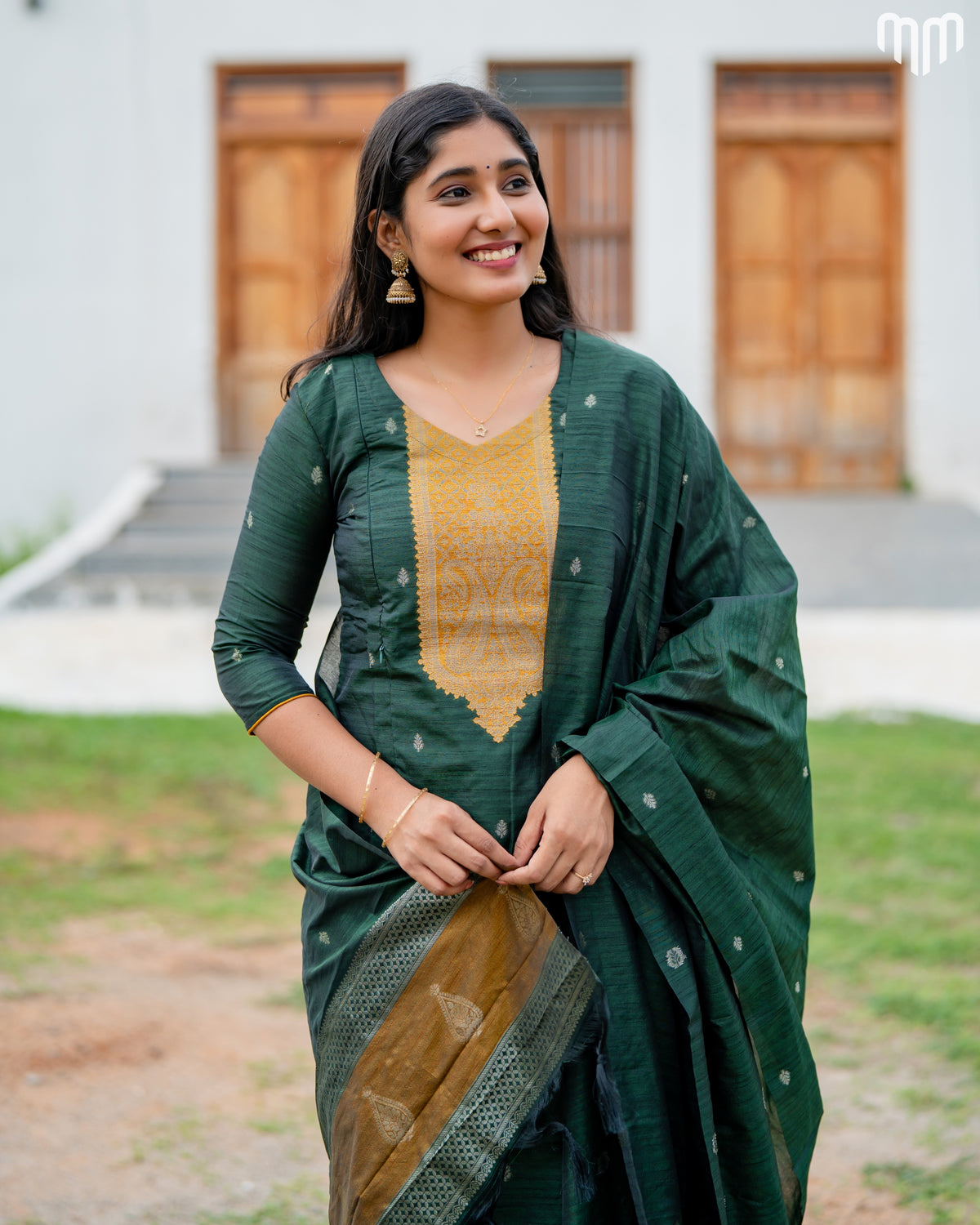 Banarasi Brocade Botlte green Maternity Kurti Set with top cotton lining