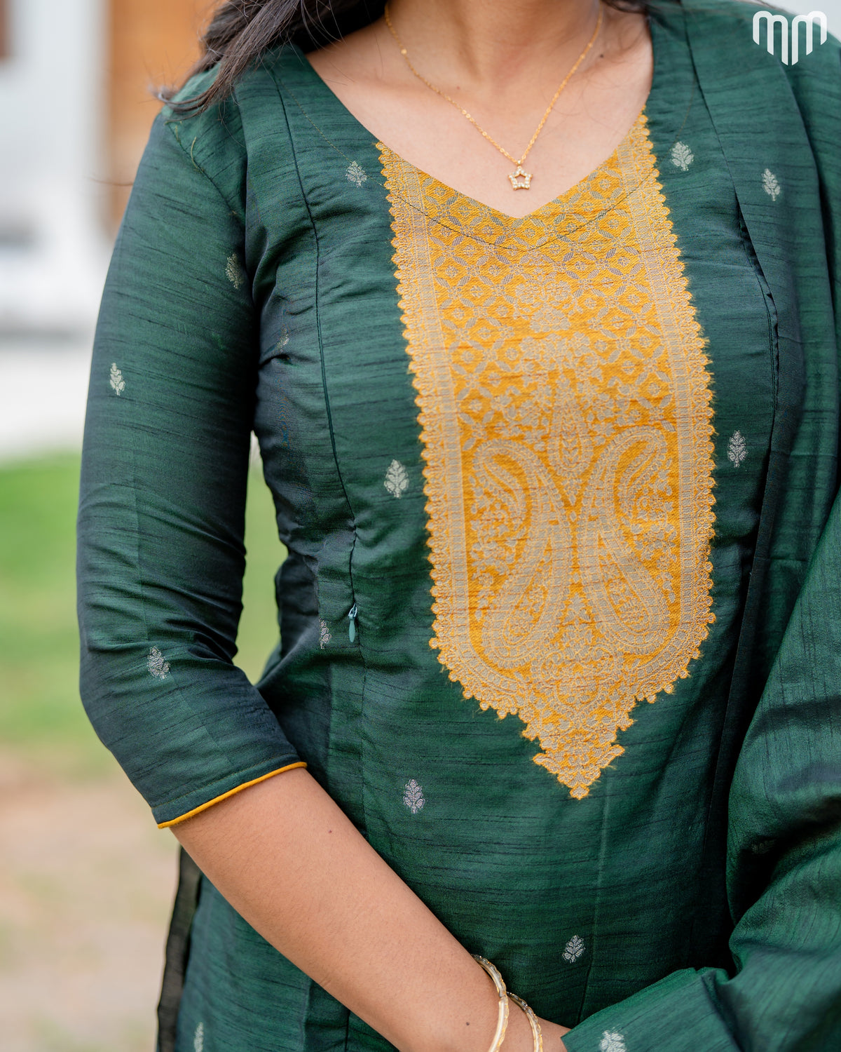 Banarasi Brocade Botlte green Maternity Kurti Set with top cotton lining