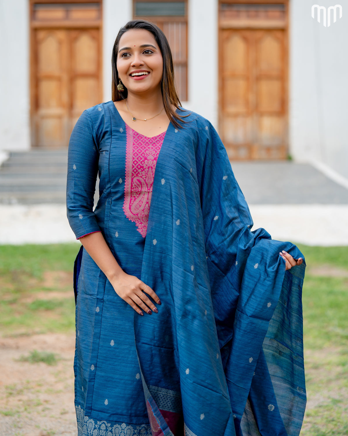 Banarasi Brocade Peacock Blue Maternity Kurti Set with top cotton lining