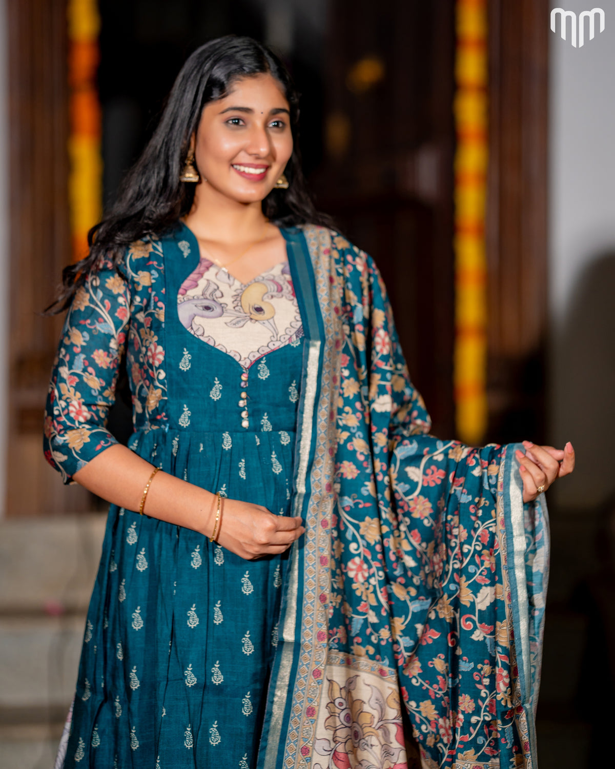Maheswari Silk Teal Maternity Maxi with Full Cotton Lining & Dupatta