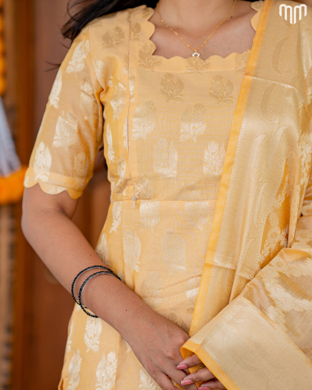 Samyra Butter yellow with gold motifs Silk Maternity Kurti Set with top cotton lining