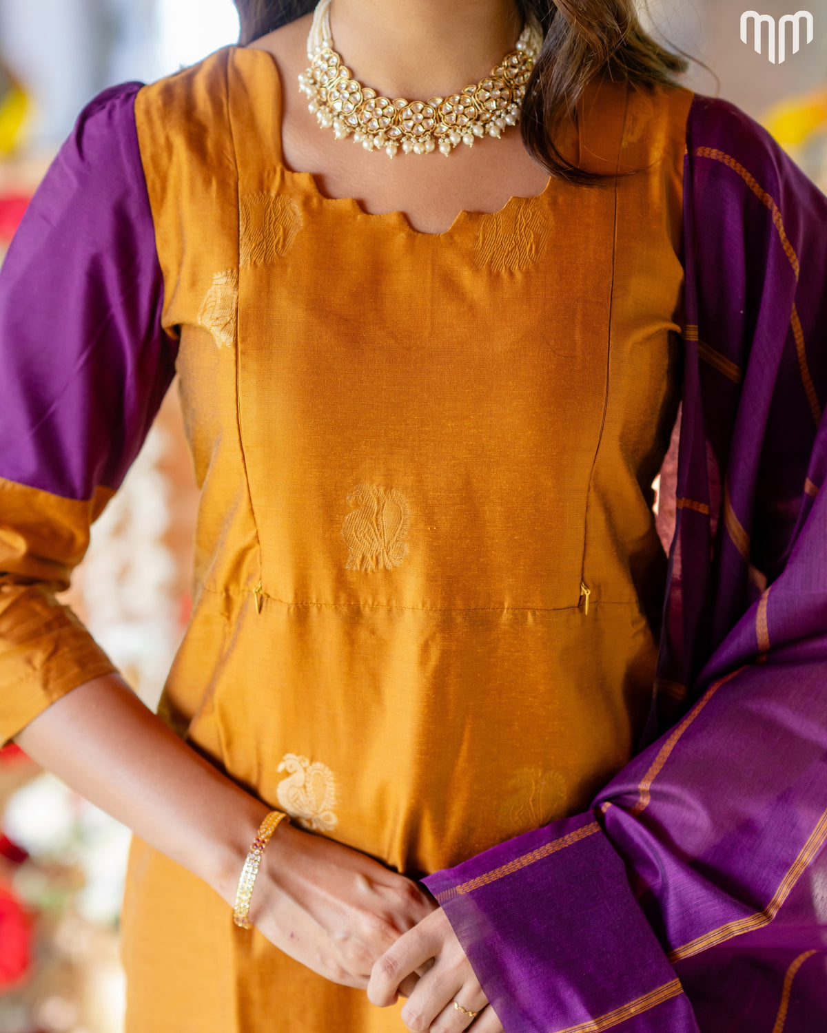 Vaaranam_Golden Gajam Butta Silk Maternity Kurti Set with top cotton lining