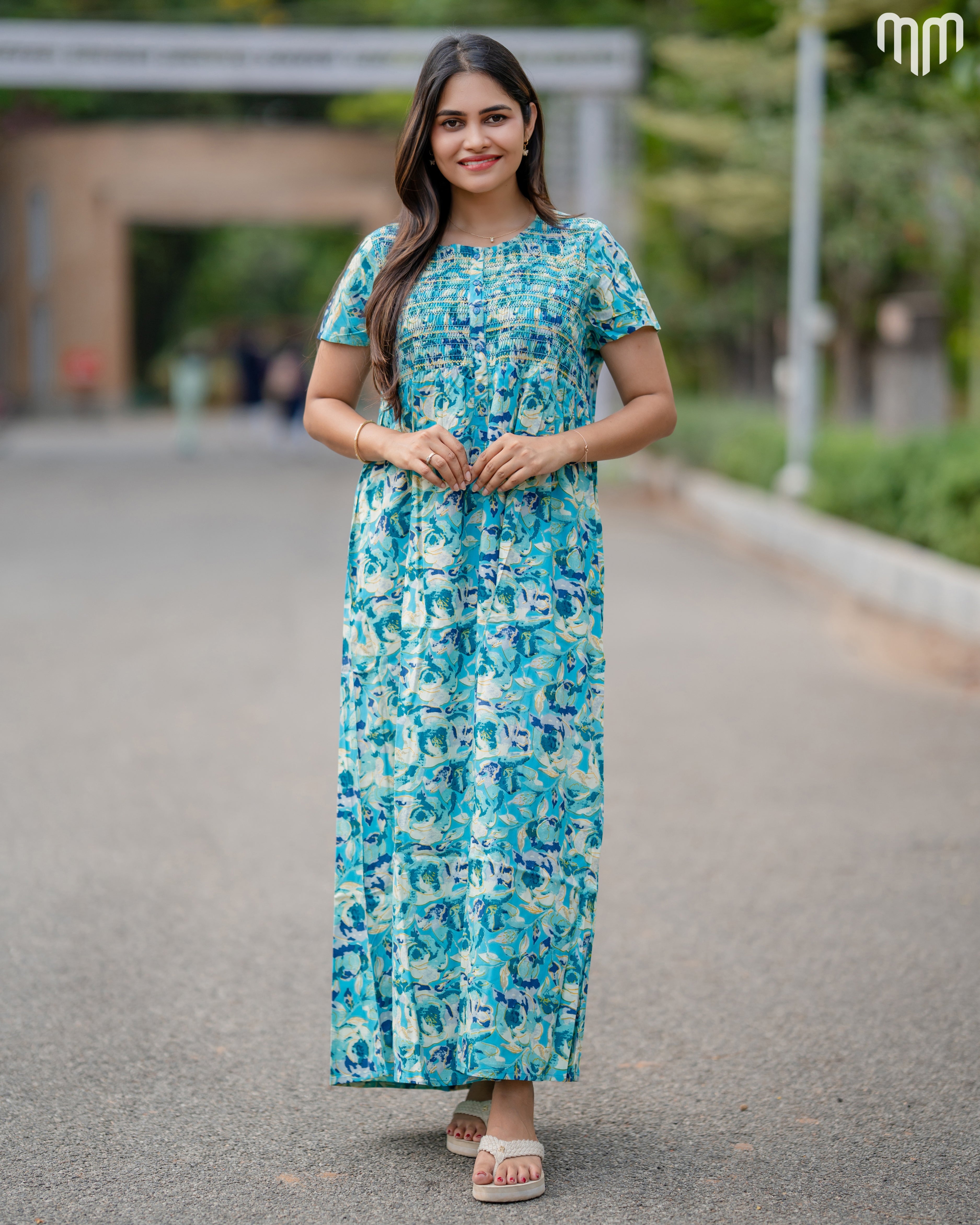 Cloudy Premium Viscose Smocked Button-Up Nighty