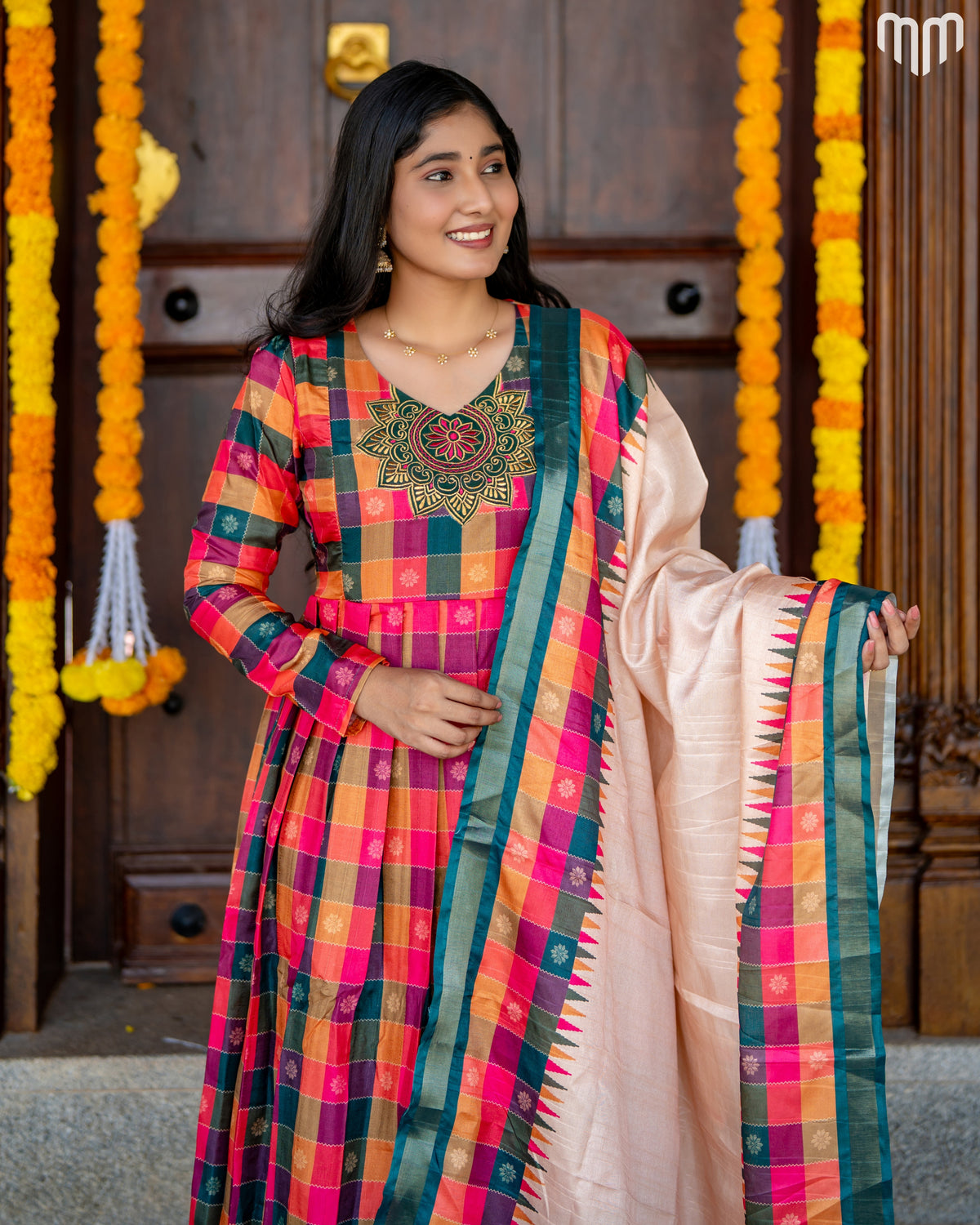 Chandrika Motif Embroidery Design Silk Maternity Maxi with Full Cotton Lining & Dupatta
