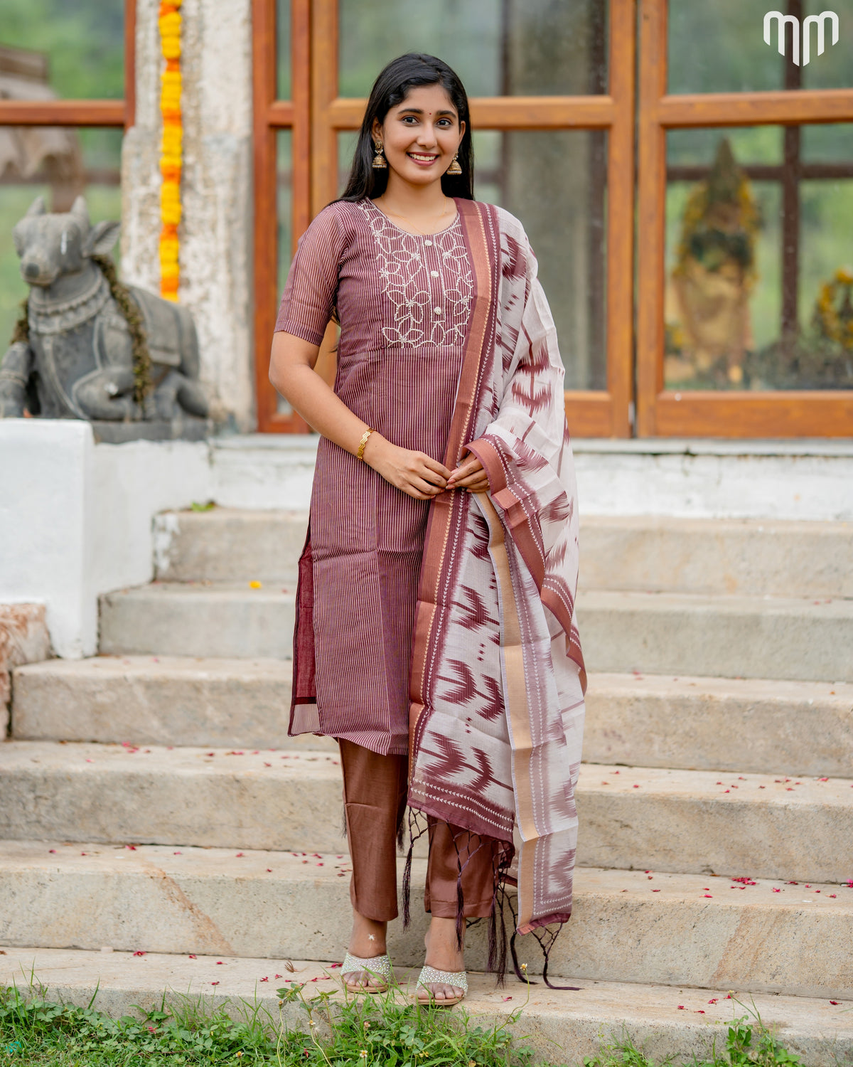 Vidhatri Marron Floral Embroidery Maternity Kurti Set with top cotton lining
