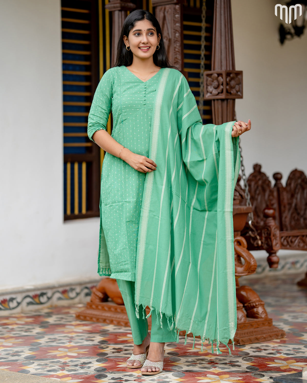 Vismaya Sea green Handloom Cotton Maternity Kurti Set with Top Cotton Lining