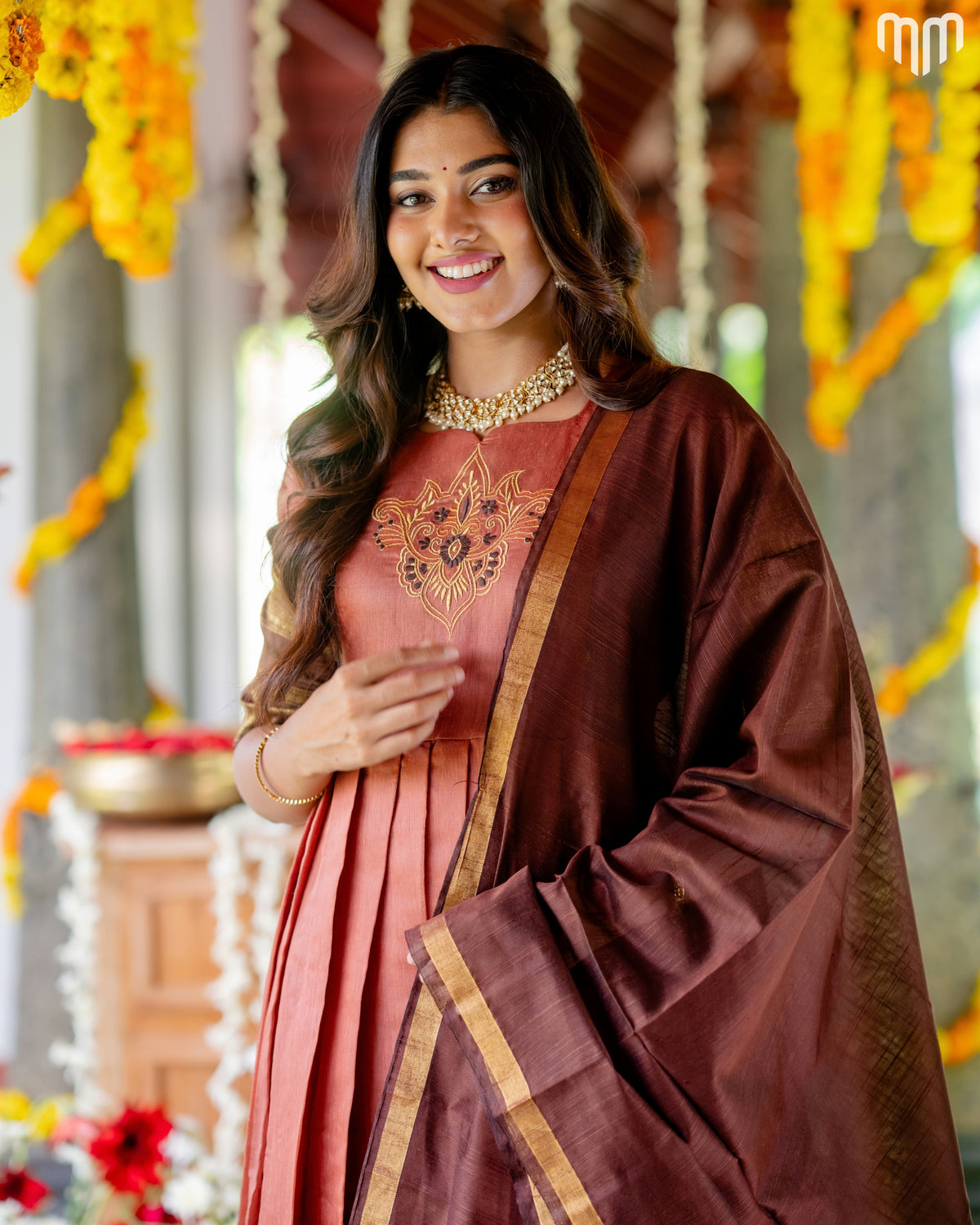 Rudragni Motif Embroidery Design Silk Maternity Maxi with Full Cotton Lining & Dupatta
