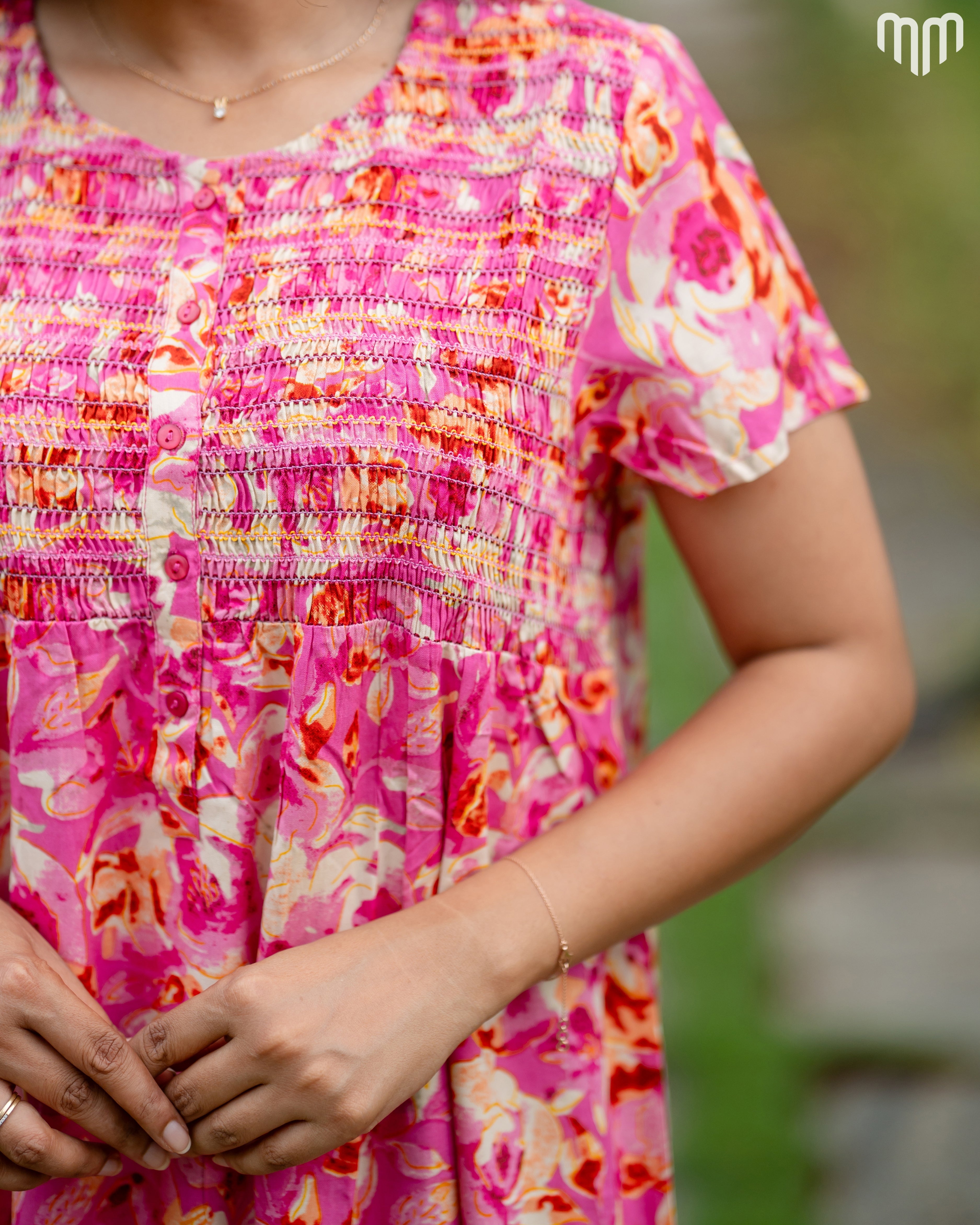 Rosy Premium Viscose Smocked Button-Up Nighty