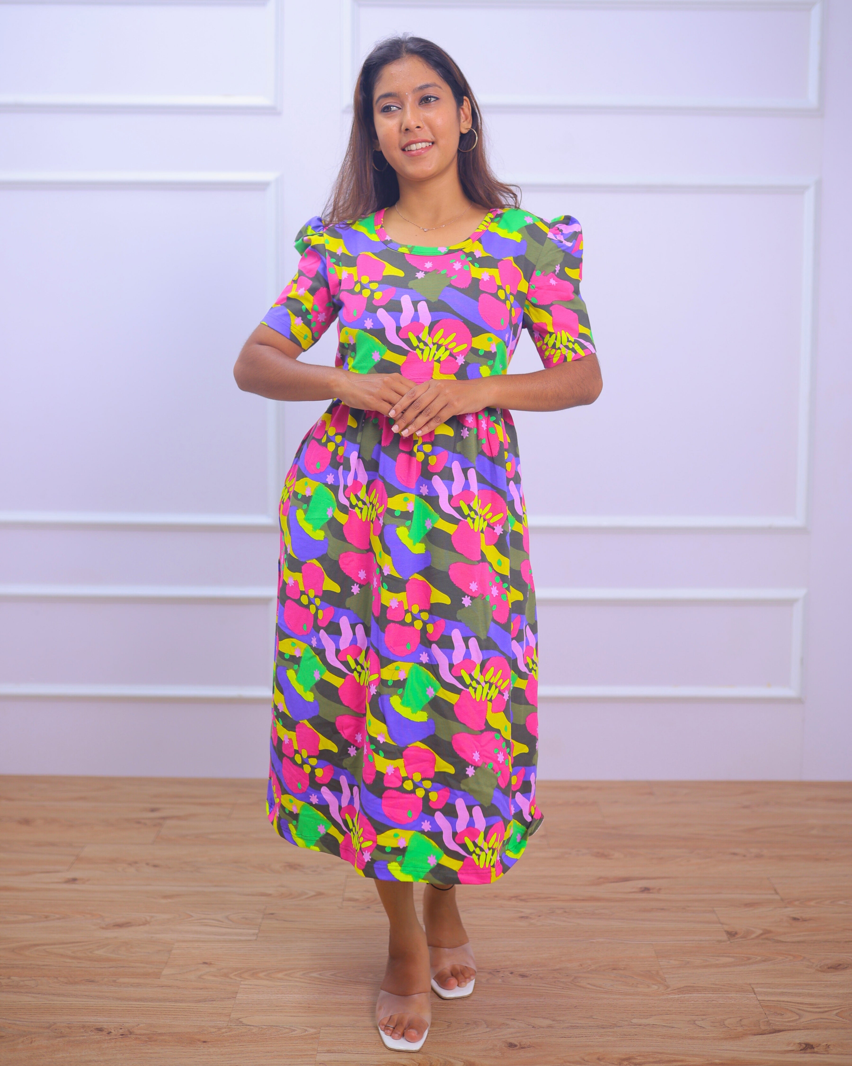 Camila | Zipless Maternity Dress - Puff Sleeves | Calf Length