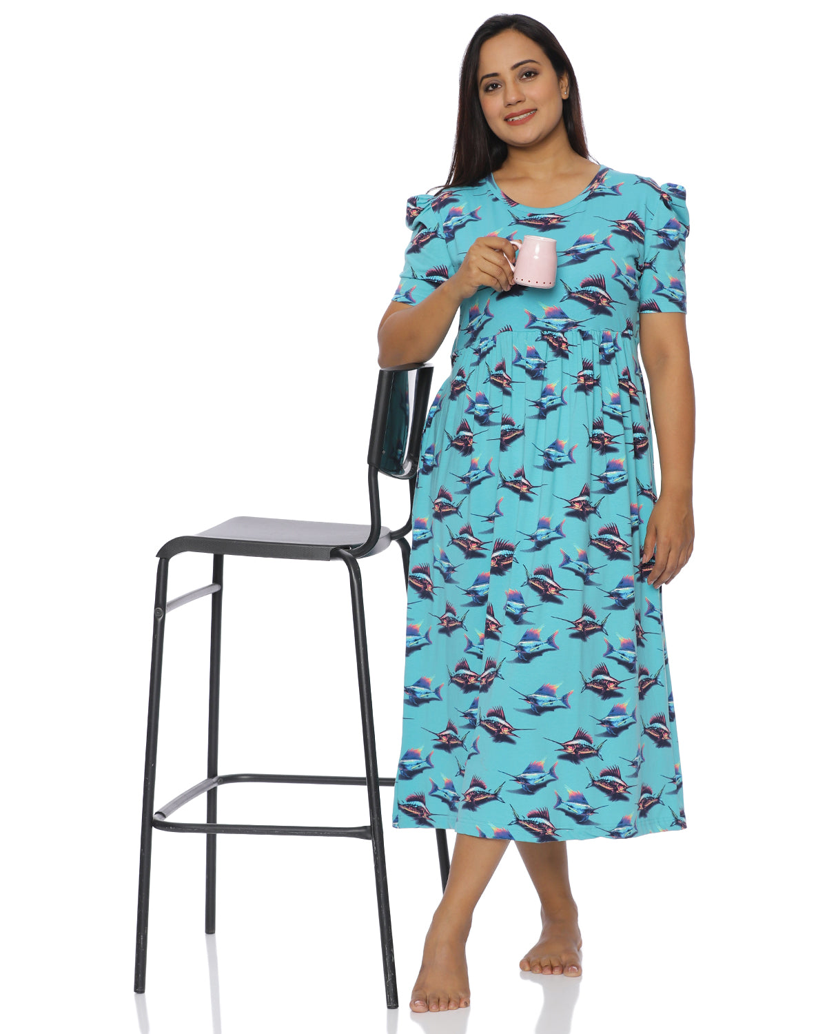 Fishy | Casual Non-Maternity Loungewear - Puff Sleeve | Calf Length