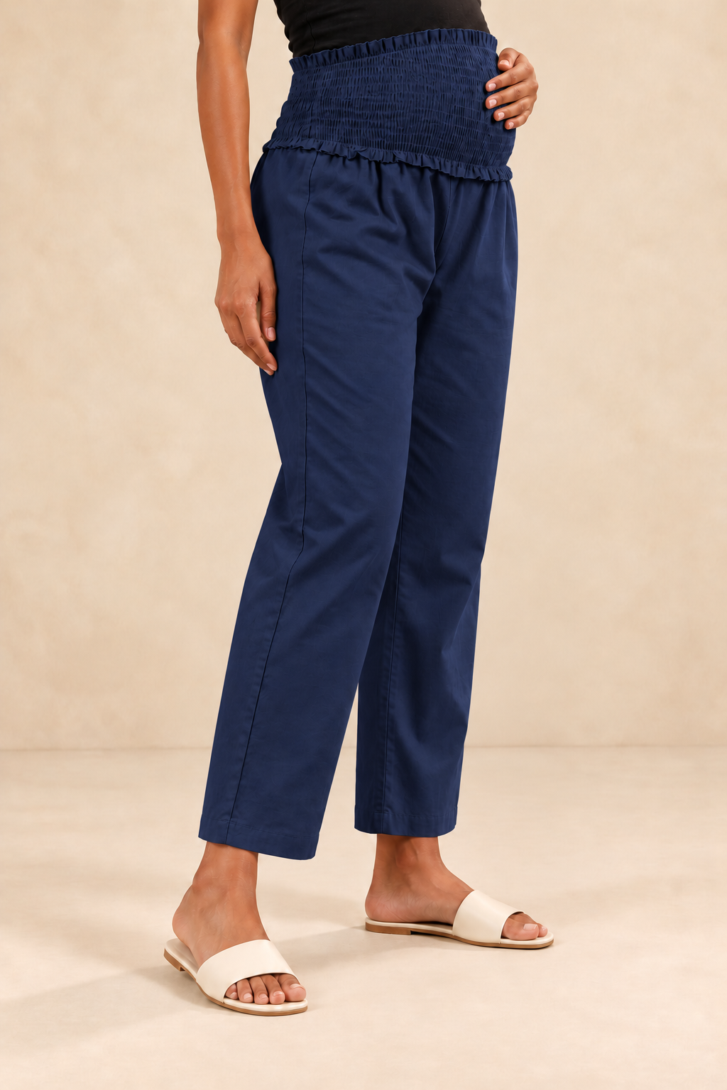 Navy Blue Cambric Cotton High Rise Maternity Pant