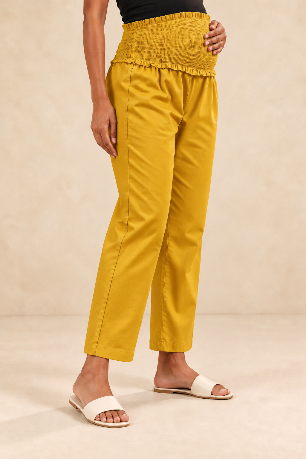 Mustard Gold Glace Shine Cotton High Rise Maternity Pant