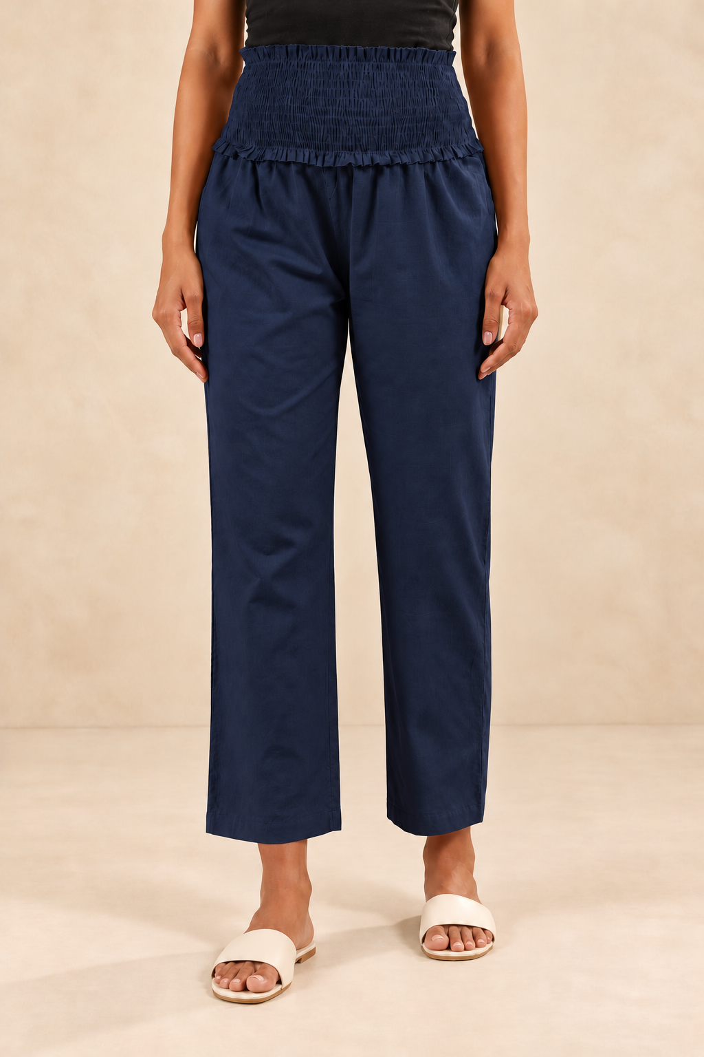 Navy Blue Cambric Cotton High Rise Maternity Pant
