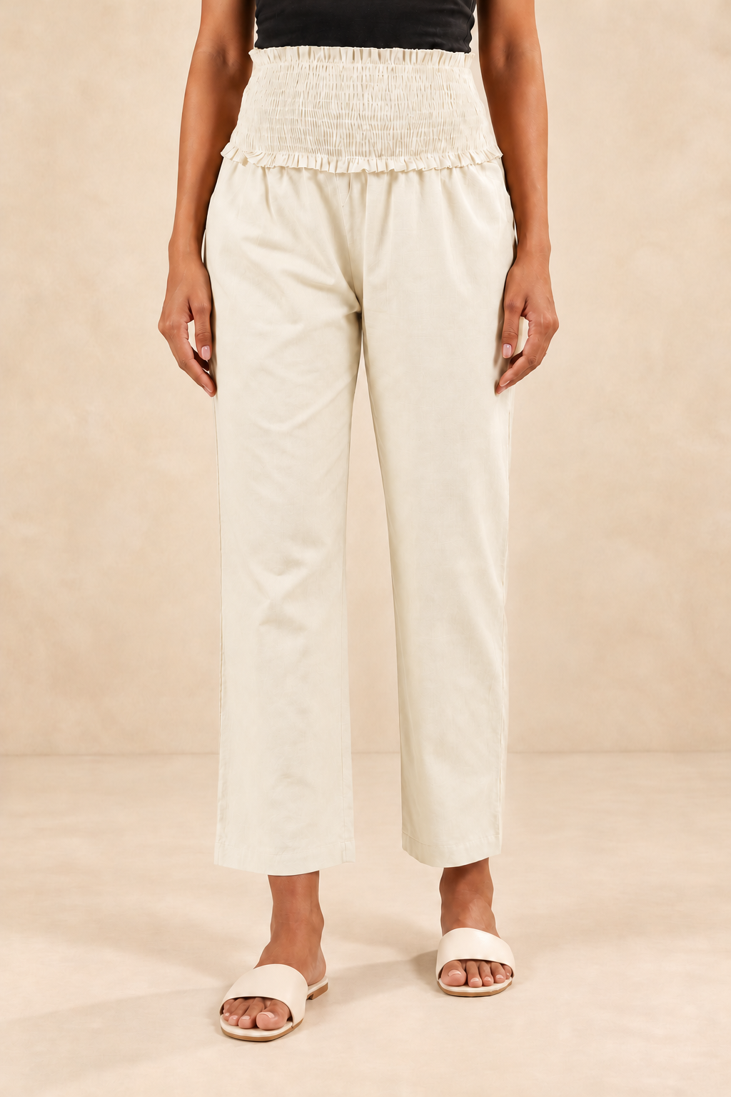 Warm Ivory Cambric Cotton High Rise Maternity Pant