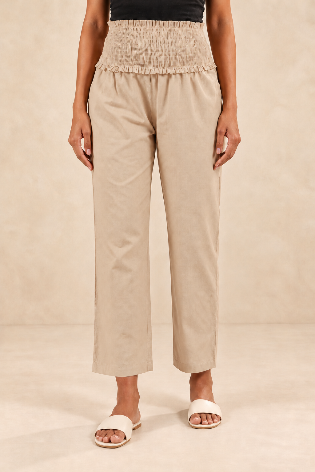 Beige Cambric Cotton High Rise Maternity Pant