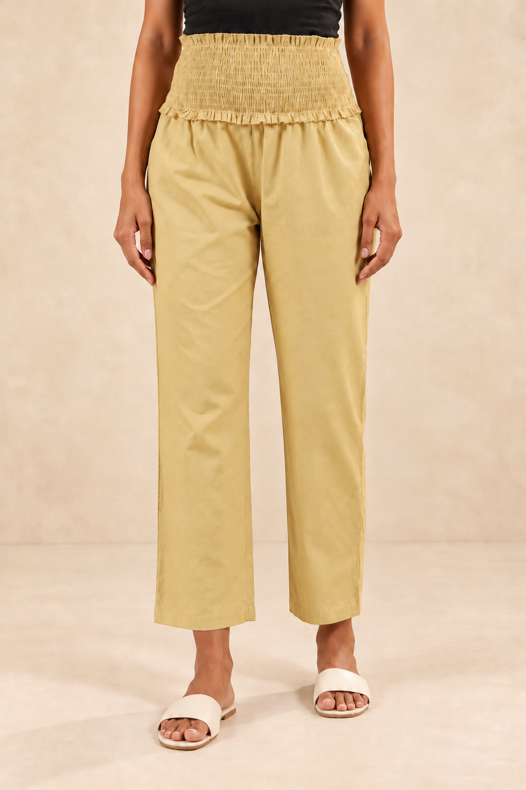 Muted Yellow Cambric Cotton High Rise Maternity Pant