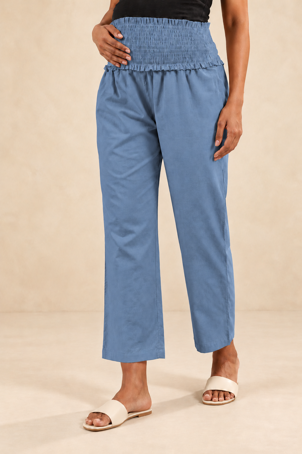 Dusty Blue Cambric Cotton High Rise Maternity Pant