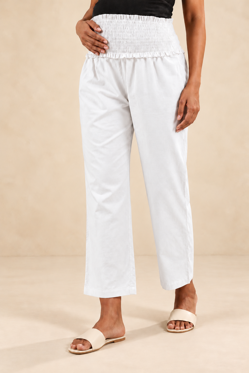 White Cambric Cotton High Rise Maternity Pant
