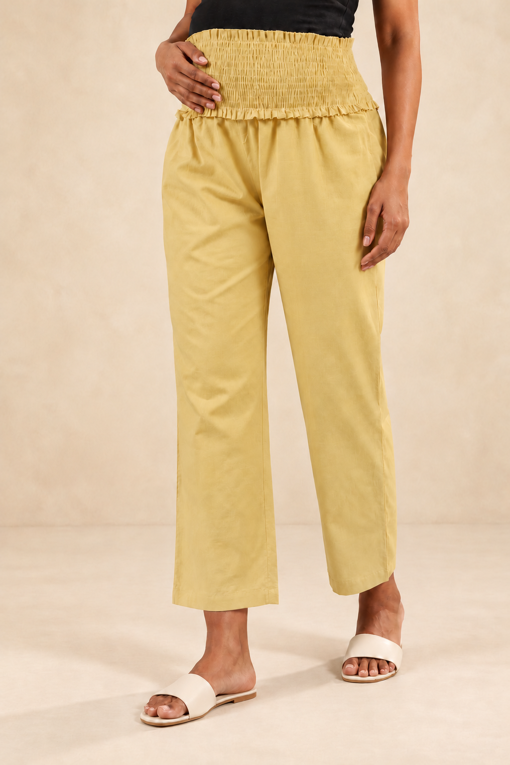 Muted Yellow Cambric Cotton High Rise Maternity Pant