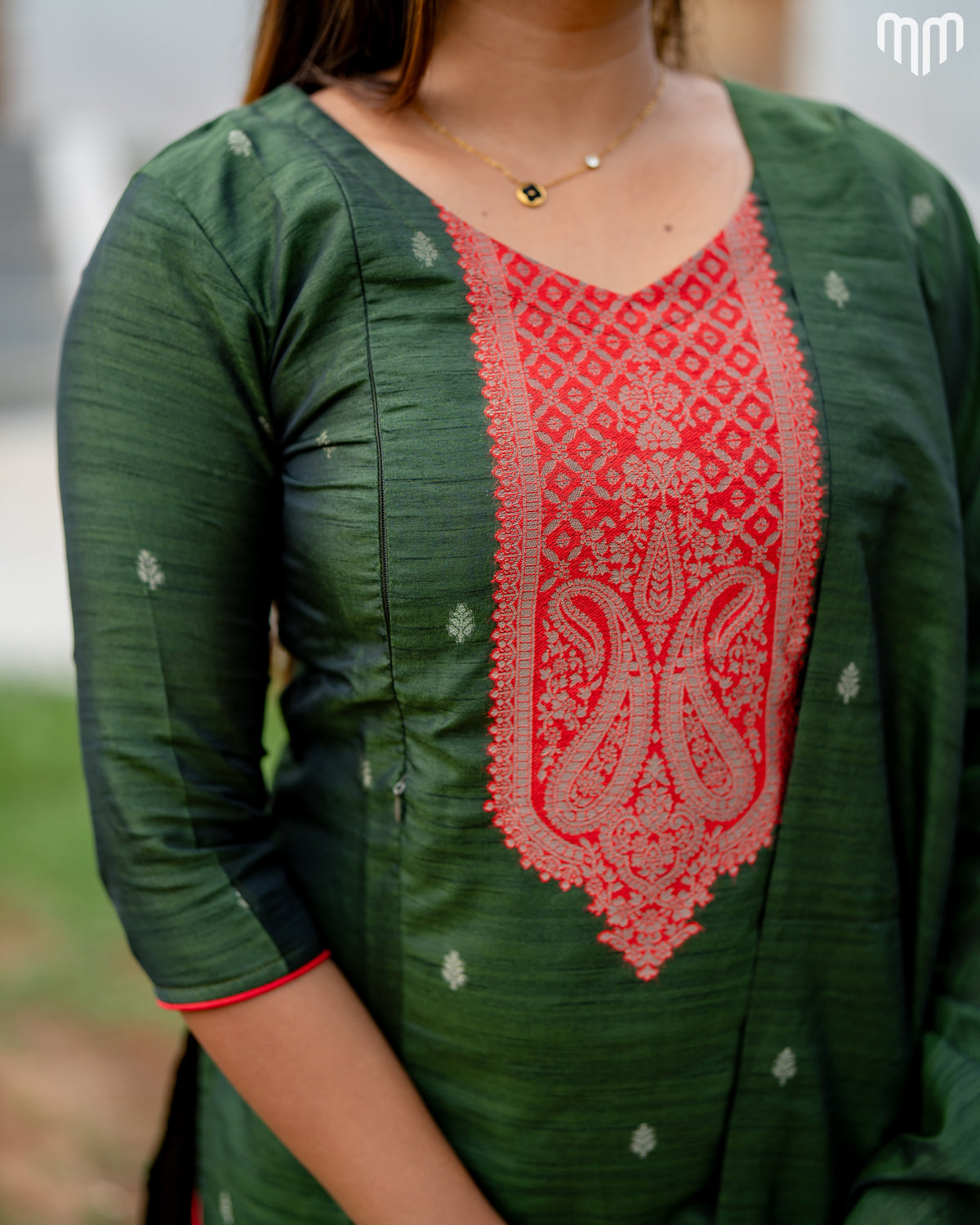 Banarasi Brocade Dark olive green Maternity Kurti Set with top cotton lining