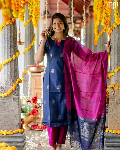 Vaaranam_Blue Gajam Butta Silk Maternity Kurti Set with top cotton lining