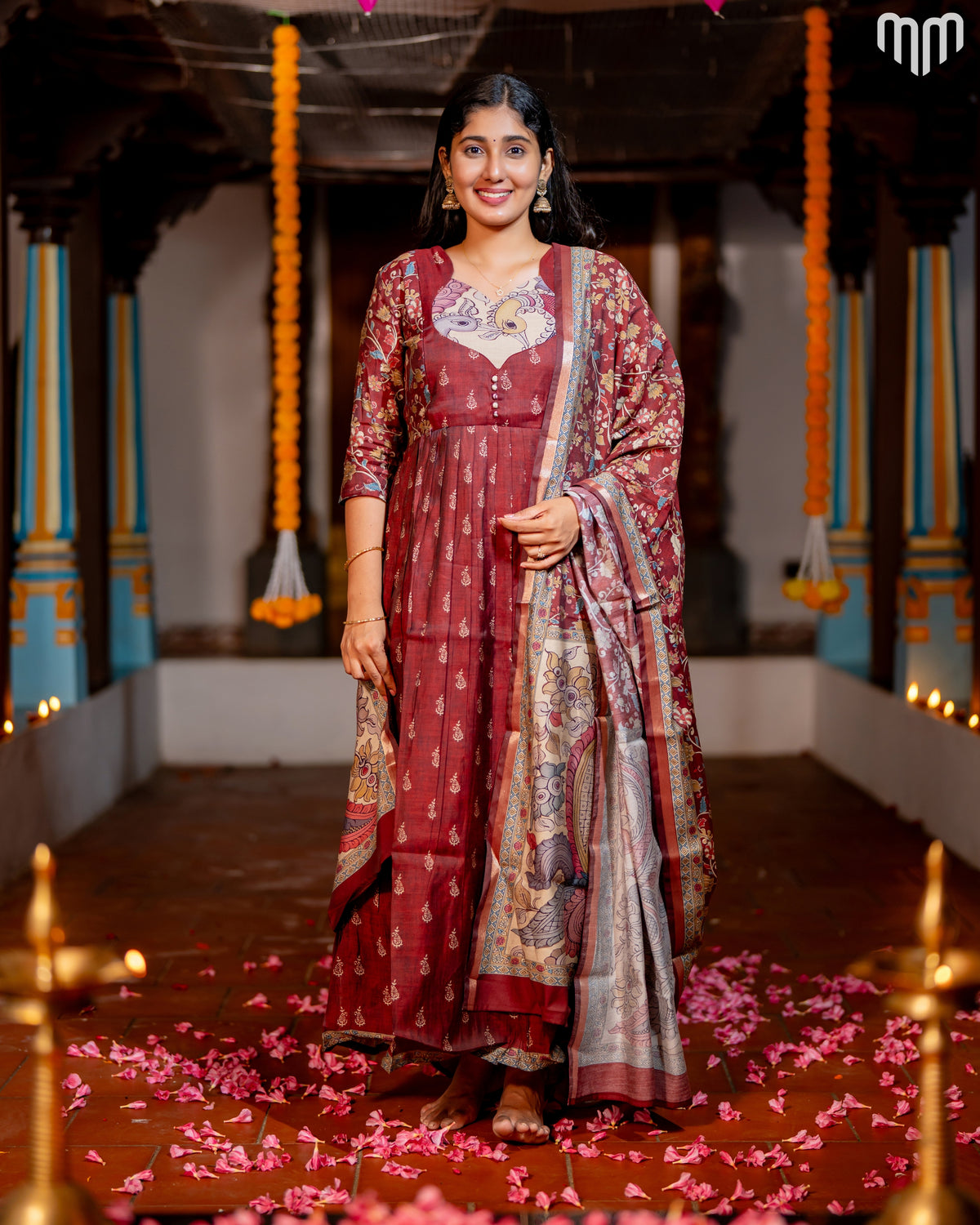 Maheswari Silk Marron Maternity Maxi with Full Cotton Lining &amp; Dupatta