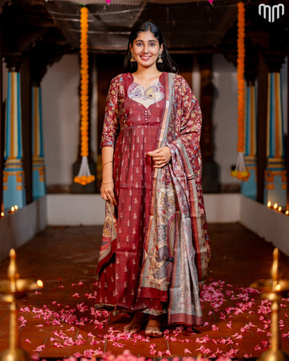 Maheswari Silk Marron Maternity Maxi with Full Cotton Lining &amp; Dupatta
