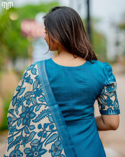 Teal Chennuri Silk Maternity Kurti Set - Top &amp; Dupatta