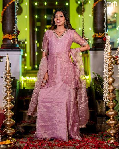 Pink Crush Tissue With Butti Maternity Maxi with Full Crepe Lining &amp; Dupatta