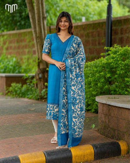 Teal Chennuri Silk Maternity Kurti Set - Top &amp; Dupatta