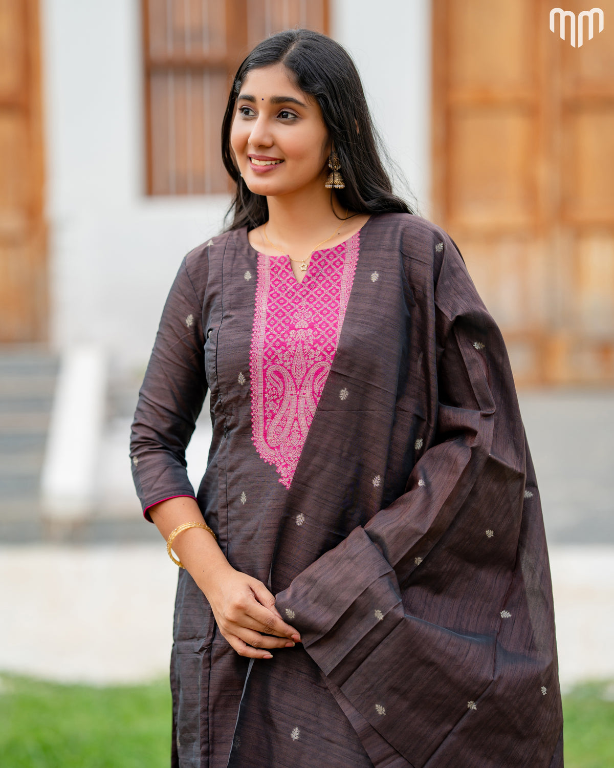 Banarasi BrocadeSmoky brown Maternity Kurti Set with top cotton lining