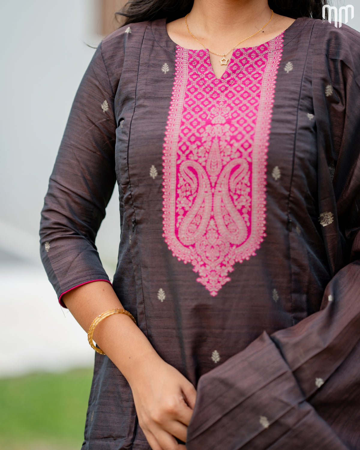 Banarasi BrocadeSmoky brown Maternity Kurti Set with top cotton lining
