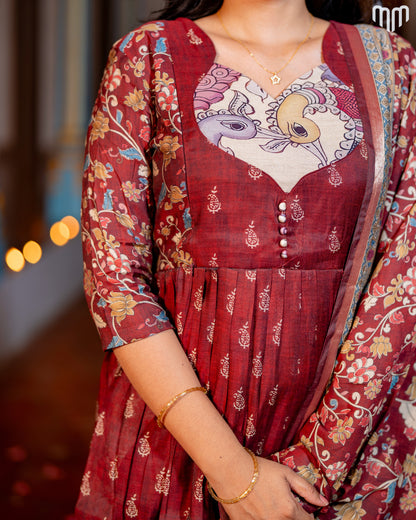 Maheswari Silk Marron Maternity Maxi with Full Cotton Lining &amp; Dupatta