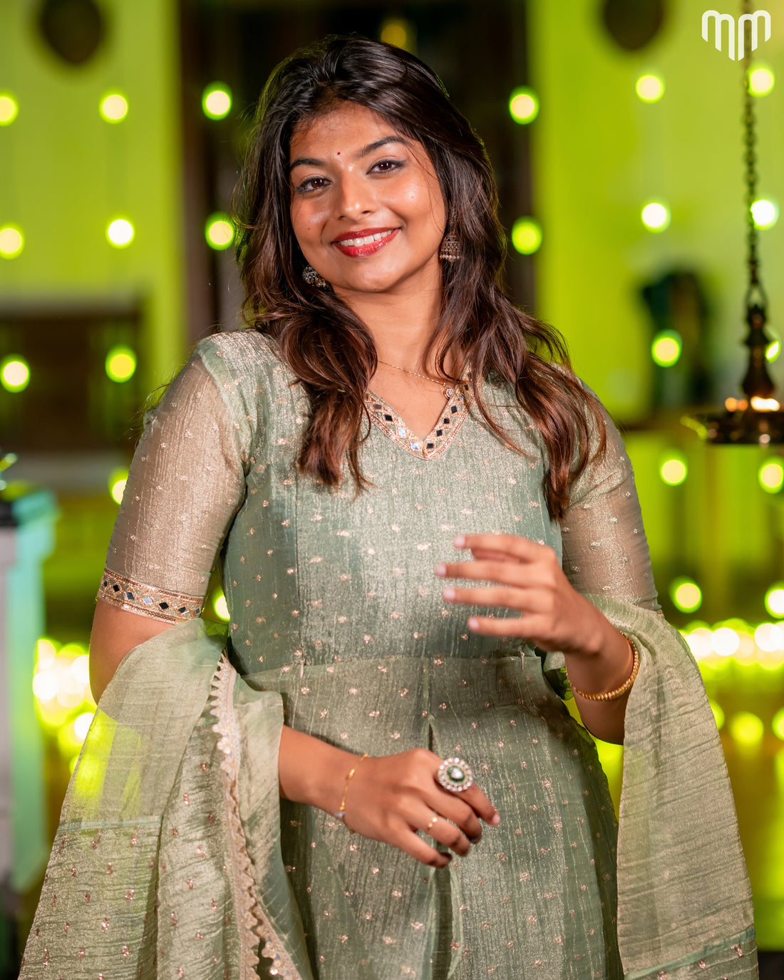 Green Crush Tissue With Butti Maternity Maxi with Full Crepe Lining &amp; Dupatta