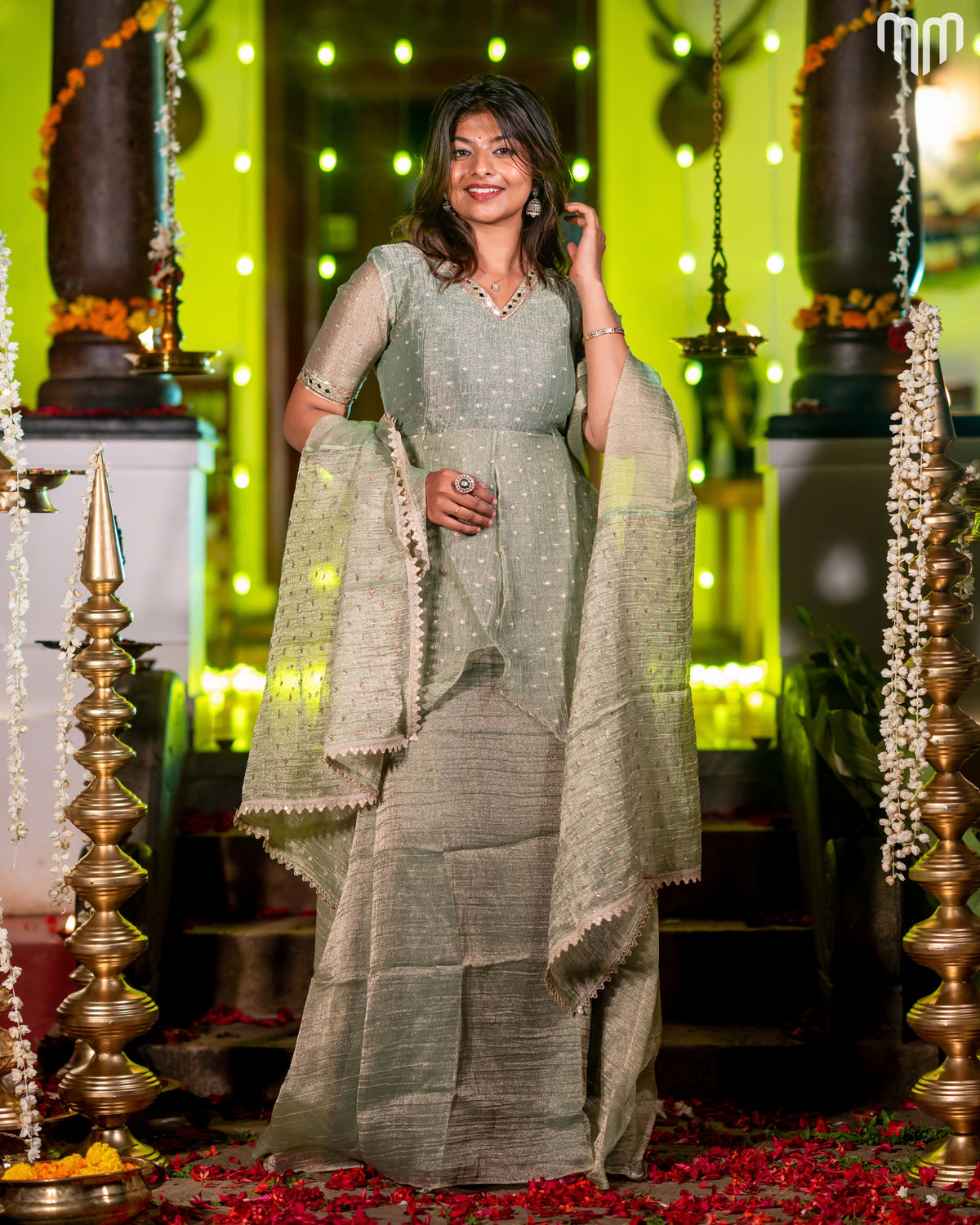 Green Crush Tissue With Butti Maternity Maxi with Full Crepe Lining &amp; Dupatta