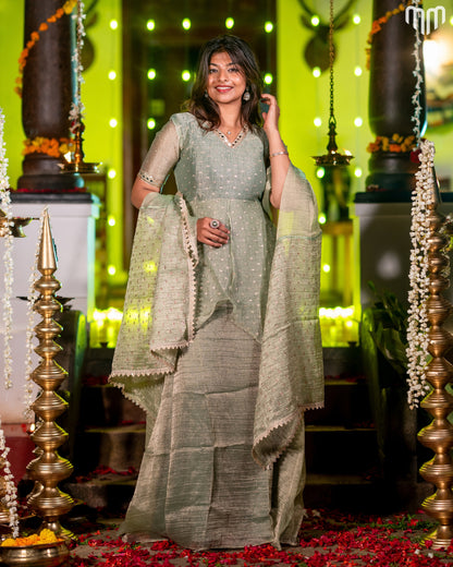 Green Crush Tissue With Butti Maternity Maxi with Full Crepe Lining &amp; Dupatta