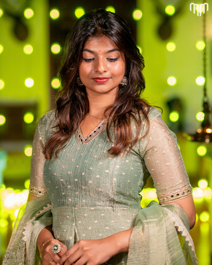 Green Crush Tissue With Butti Maternity Maxi with Full Crepe Lining &amp; Dupatta