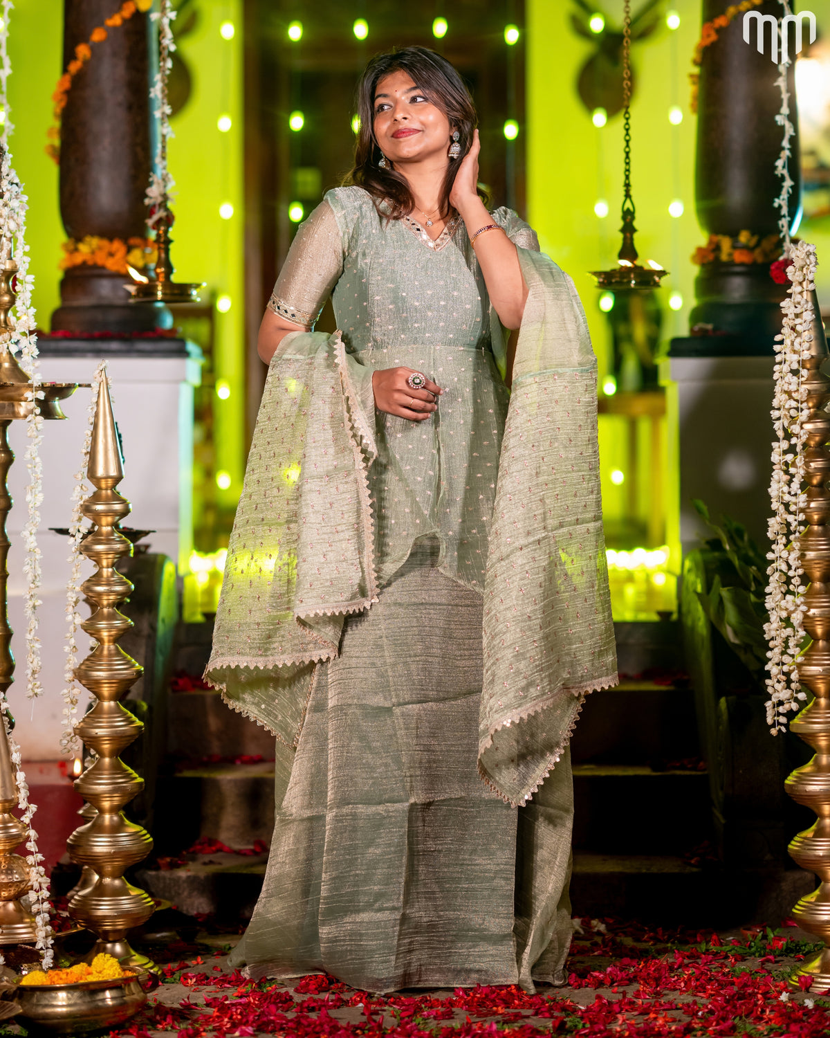 Green Crush Tissue With Butti Maternity Maxi with Full Crepe Lining &amp; Dupatta