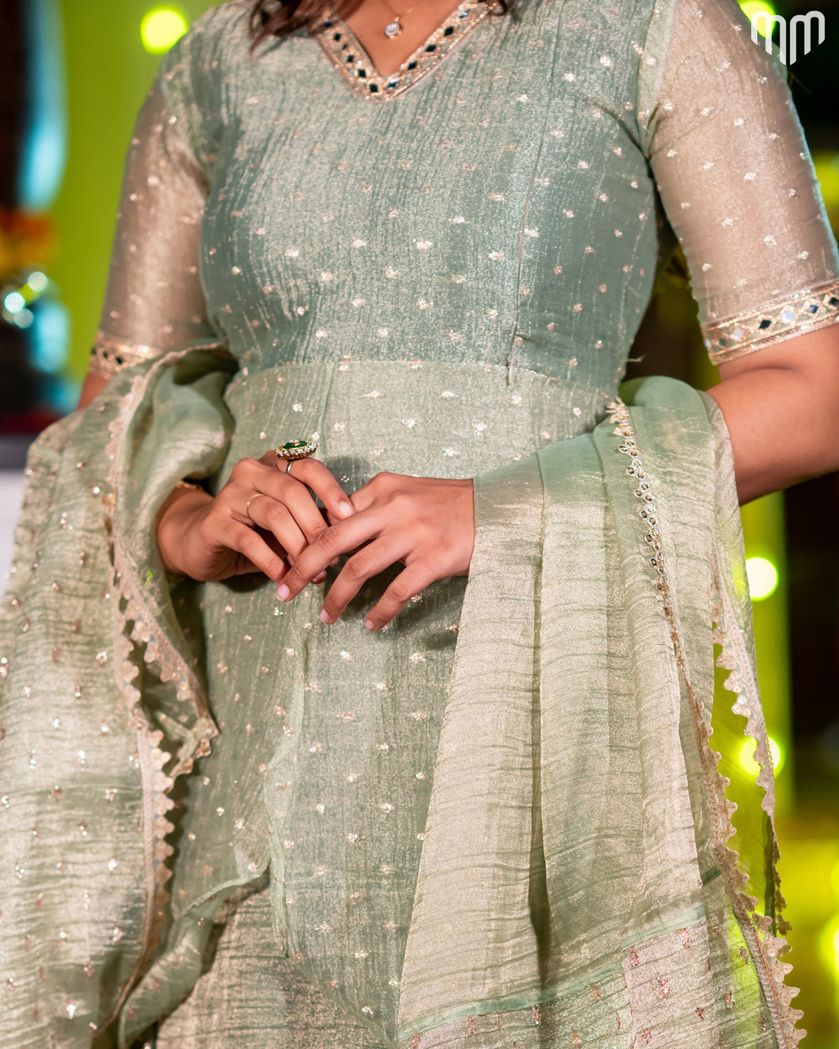 Green Crush Tissue With Butti Maternity Maxi with Full Crepe Lining &amp; Dupatta
