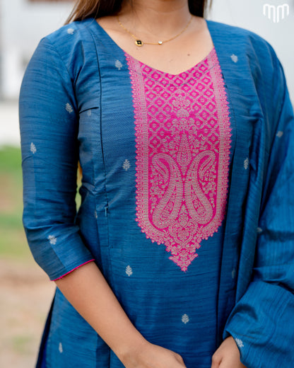 Banarasi Brocade Deep Blue Maternity Kurti Set with top cotton lining