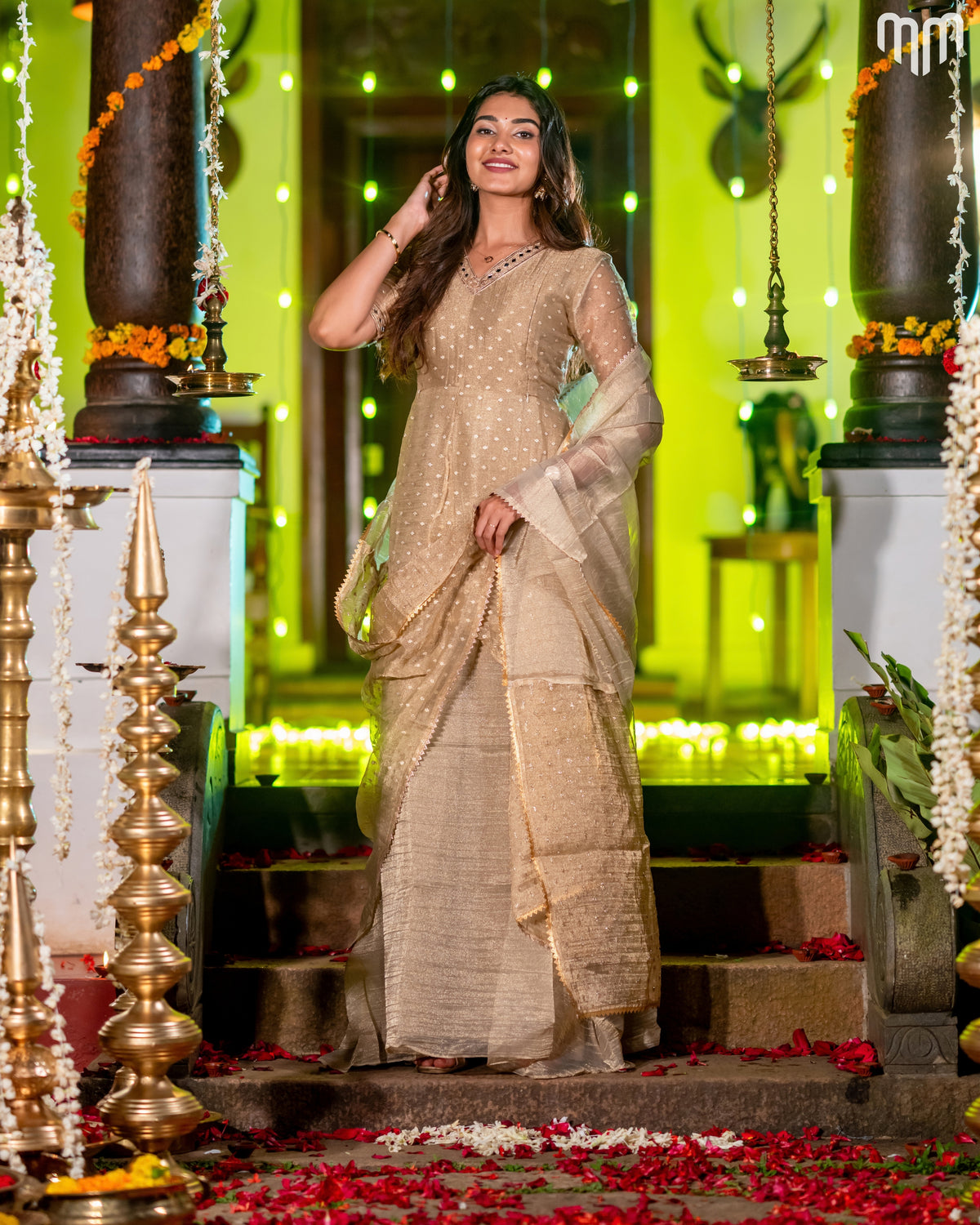 Golden Crush Tissue With Butti Maternity Maxi with Full Crepe Lining &amp; Dupatta