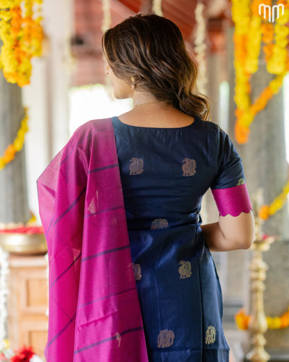 Vaaranam_Blue Gajam Butta Silk Maternity Kurti Set with top cotton lining