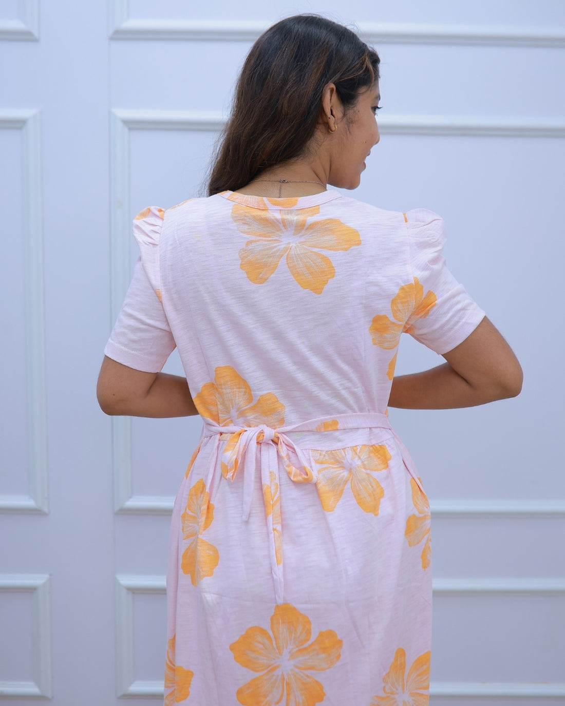 Farida | Zipless Maternity Dress - Puff Sleeves | Calf Length