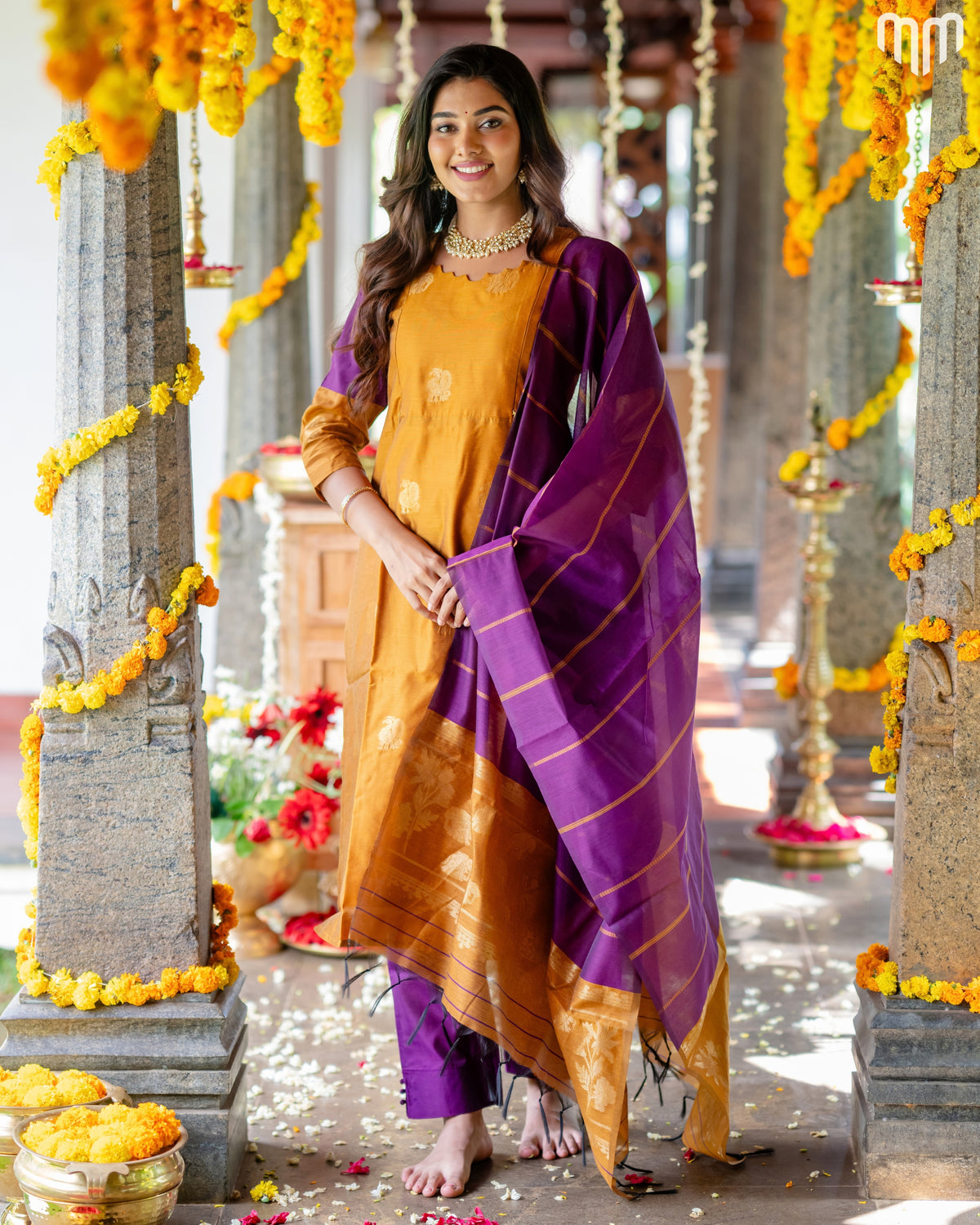 Vaaranam_Golden Gajam Butta Silk Maternity Kurti Set with top cotton lining