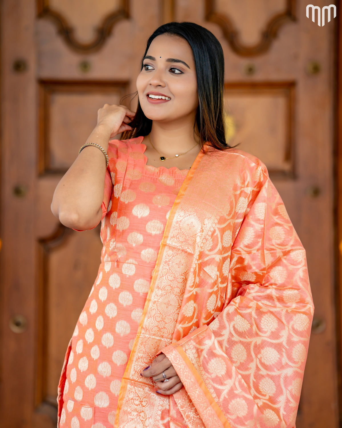 Samyra Coral peach with gold motifs Silk Maternity Kurti Set with top cotton lining