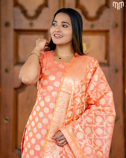 Samyra Coral peach with gold motifs Silk Maternity Kurti Set with top cotton lining