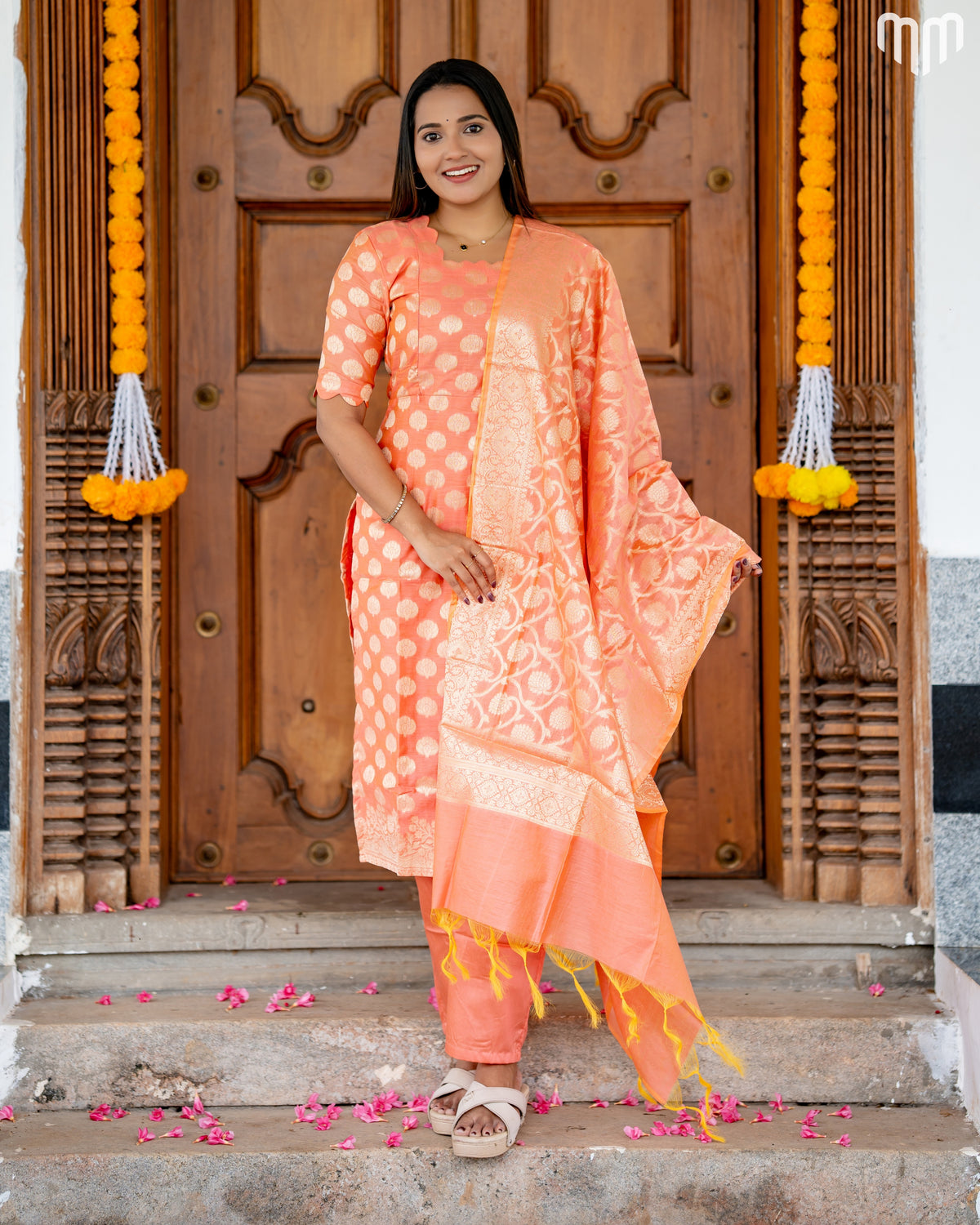 Samyra Coral peach with gold motifs Silk Maternity Kurti Set with top cotton lining
