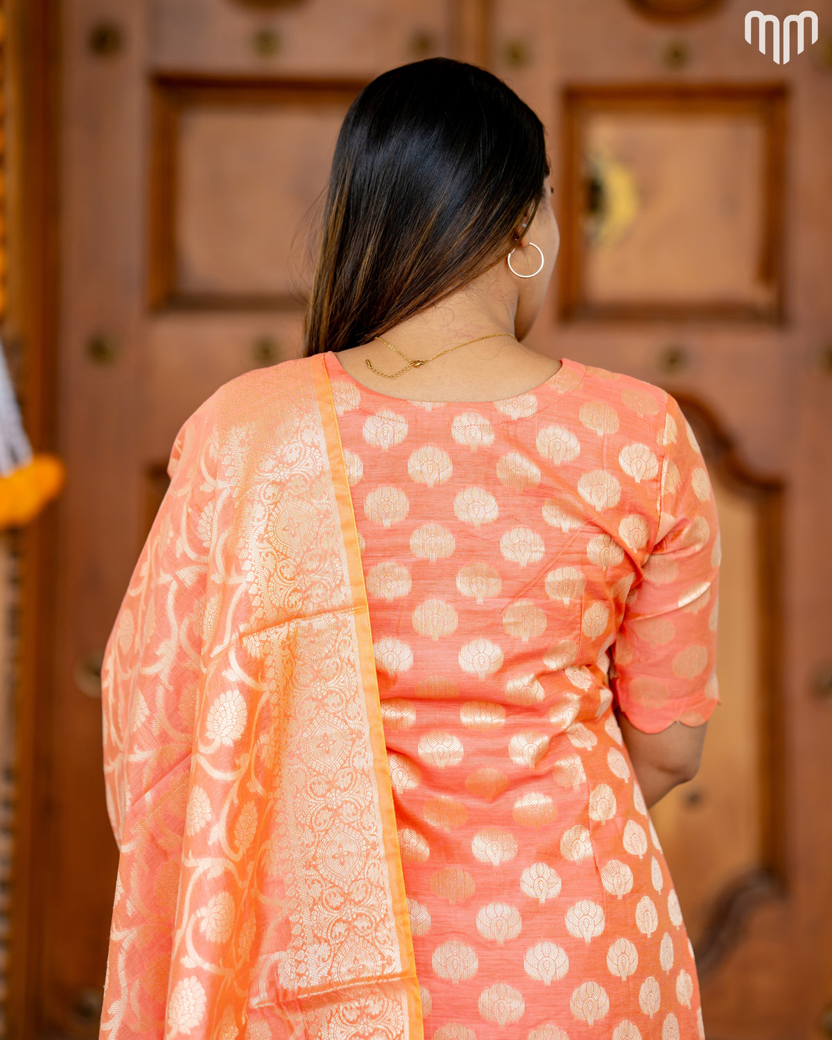 Samyra Coral peach with gold motifs Silk Maternity Kurti Set with top cotton lining